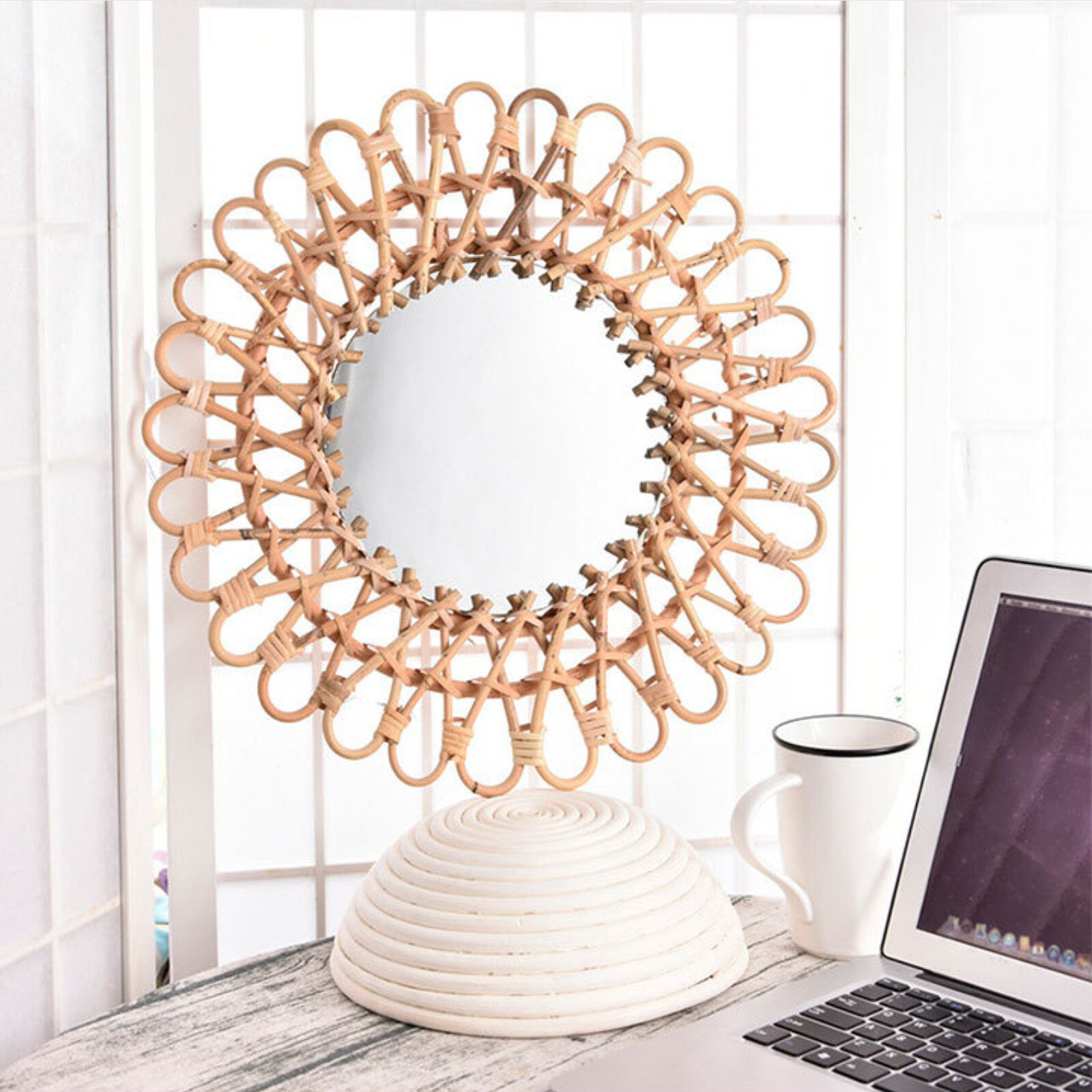 Rattan Mirror Round - Hanging Wall Round Mirror Home Rattan