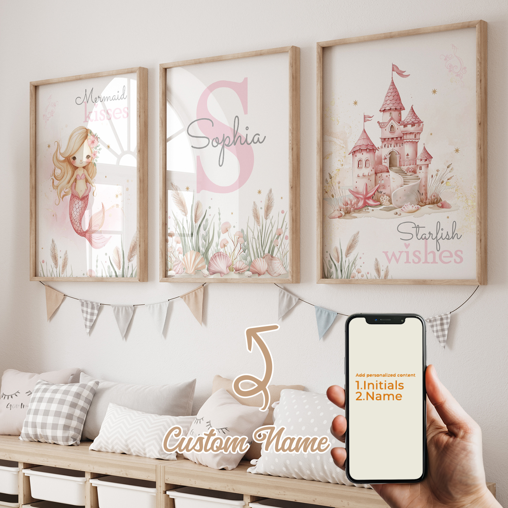 Interior Design Room - 3pcs Personalized Custom Name Cartoon Mermaid