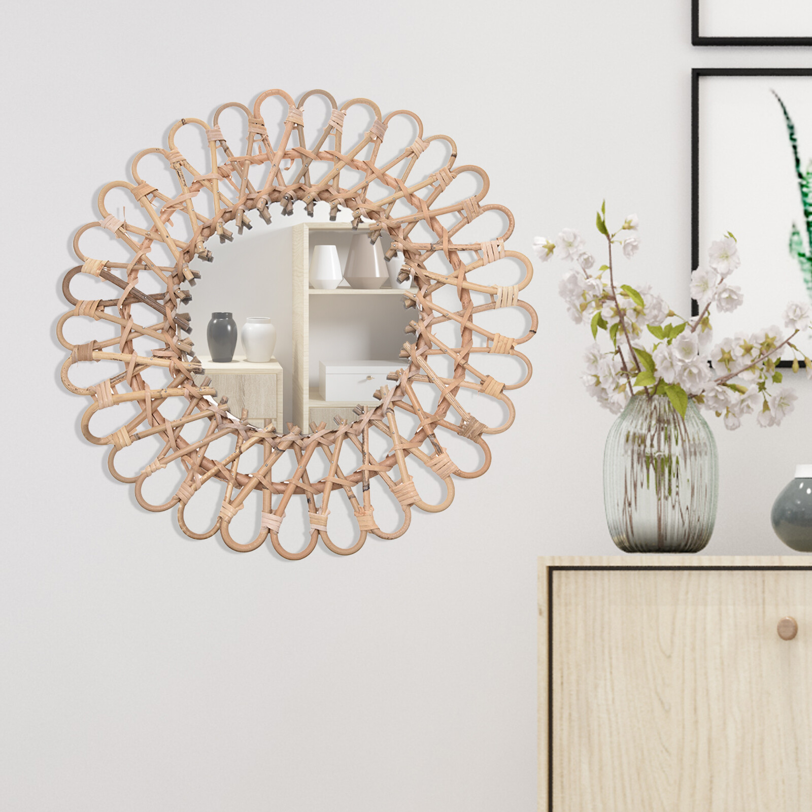 Hanging Wall Round Mirror Home - Rattan Mirror Round ulasan dan harga