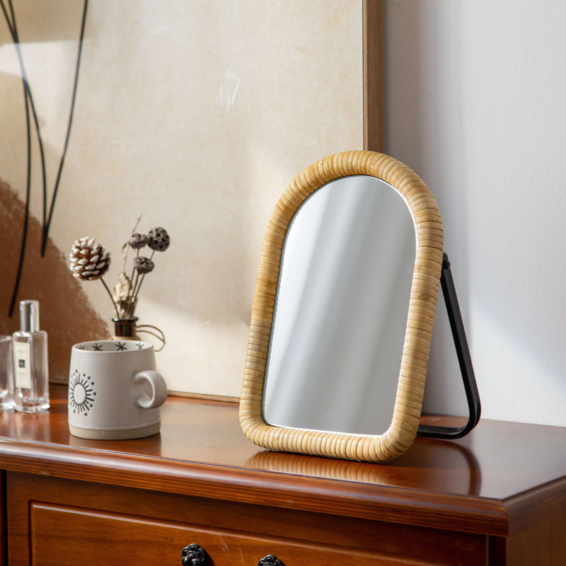 Rattan table bracket makeup ta - Rattan Mirror Round ulasan dan harga