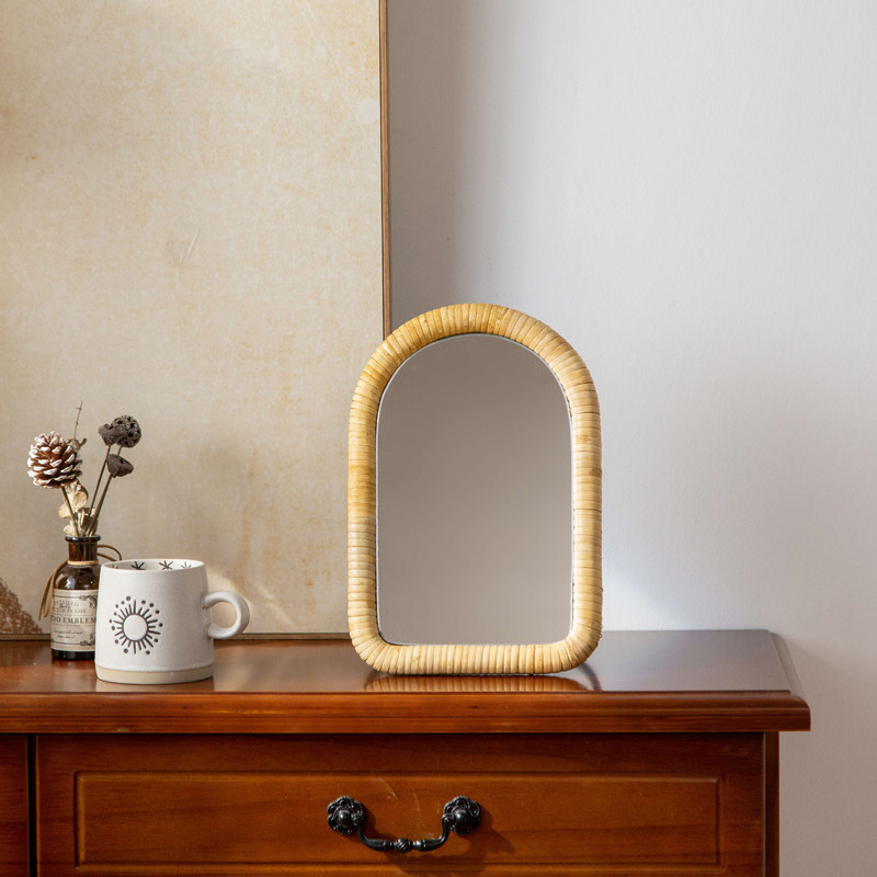 Rattan table bracket makeup ta - Rattan Mirror Round ulasan dan harga